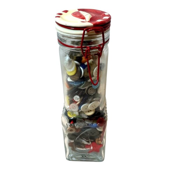 Vintage Glass Jar With Red Clamp Lid & Mixed Buttons - Picture 1 of 7